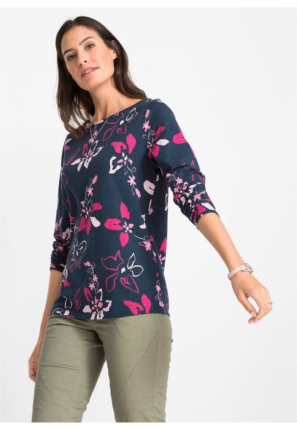 bonprix - Shirt z długim rękawem, w kwiaty. Kolor: niebieski. Materiał: bawełna. Długość rękawa: długi rękaw. Długość: długie. Wzór: kwiaty