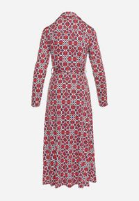 Born2be - Czerwono-Biała Taliowana Sukienka Maxi z Materiałowym Paskiem w Geometryczny Print Filint. Kolor: niebieski. Materiał: materiał. Wzór: nadruk, geometria. Długość: maxi #5