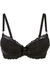 bonprix - Biustonosz z usztywnianymi miseczkami z poliamidu z recyklingu. Kolor: czarny. Materiał: satyna, poliamid, koronka. Wzór: aplikacja, paski, koronka #1