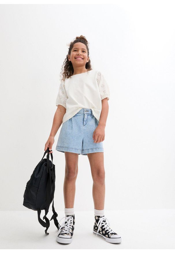 bonprix - Shirt dziewczęcy z dżerseju z bawełny organicznej. Kolor: biały. Materiał: jersey, bawełna. Wzór: ażurowy