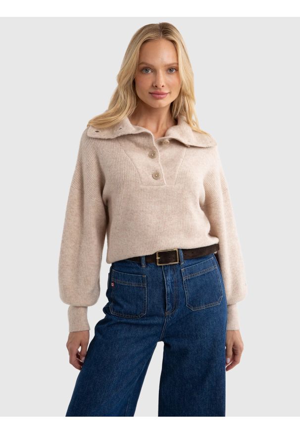 Big-Star - Sweter damski z rozpinanym golfem beżowy Pulina 801. Okazja: na co dzień. Typ kołnierza: golf. Kolor: beżowy. Materiał: jeans, materiał, skóra. Styl: retro, casual