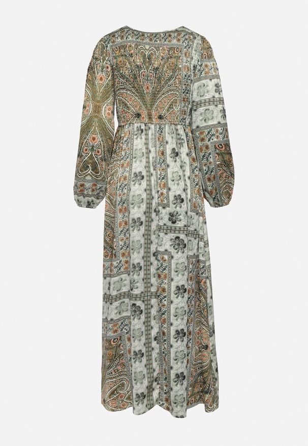 Born2be - Zielona Sukienka w Stylu Boho z Rozkloszowanym Dołem i Bufiastymi Rękawami Ertiana. Okazja: na co dzień. Kolor: zielony. Materiał: materiał. Typ sukienki: proste, rozkloszowane. Styl: boho