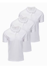 Ombre Clothing - Zestaw koszulek męskich polo z dzianiny pique 3-pak - biały V9 - Rozmiar: XXL. Okazja: na co dzień. Typ kołnierza: polo. Kolor: biały. Materiał: dzianina. Wzór: haft, aplikacja. Sezon: wiosna, lato. Styl: klasyczny, sportowy, wizytowy, casual
