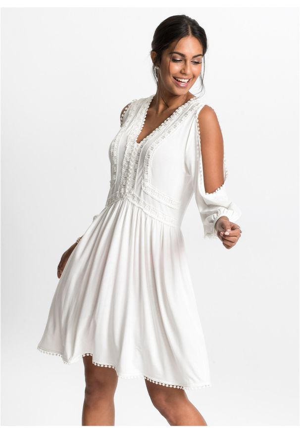 bonprix - Sukienka z dżerseju z wycięciami i koronką. Kolor: biały. Materiał: jersey, koronka. Wzór: koronka
