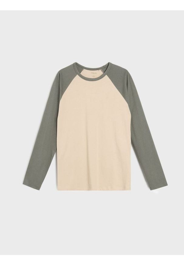 Sinsay - Bawełniana koszulka longsleeve - beżowy. Kolor: beżowy. Materiał: bawełna. Długość rękawa: długi rękaw