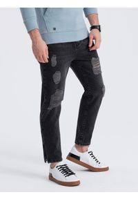 Ombre Clothing - Męskie spodnie jeansowe taper fit z dziurami - czarne V2 - Rozmiar: L. Kolor: czarny. Materiał: jeans. Wzór: aplikacja. Styl: vintage, elegancki