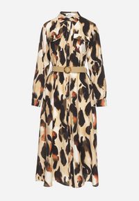 Born2be - Beżowa Koszulowa Sukienka Rozkloszowana w Abstrakcyjny Wzór z Plecionym Paskiem Miririda. Okazja: na co dzień. Typ kołnierza: dekolt w kształcie V. Kolor: beżowy. Materiał: materiał, wiskoza, jeans. Wzór: aplikacja. Typ sukienki: koszulowe. Styl: casual, elegancki #5