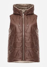 Born2be - Brązowa Kamizelka z Nieodpinanym Kapturem i Geometrycznym Pikowaniem Kalousa. Okazja: na co dzień. Kolor: brązowy. Materiał: jeans, dresówka. Długość rękawa: długi rękaw. Wzór: geometria. Styl: casual, klasyczny #1