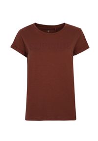 TOP SECRET - Luźny t-shirt z podwiniętym rękawem. Kolor: brązowy. Materiał: tkanina, bawełna. Długość rękawa: krótki rękaw. Długość: krótkie. Wzór: nadruk, napisy. Sezon: jesień #6