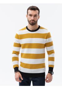 Ombre Clothing - Sweter męski w paski E189 - musztardowy - XXL. Kolor: żółty. Materiał: bawełna, dzianina. Wzór: paski. Styl: klasyczny