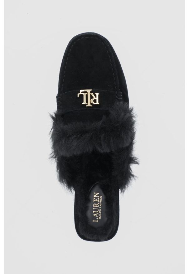 Lauren Ralph Lauren - Kapcie zamszowe. Nosek buta: okrągły. Kolor: czarny. Materiał: zamsz. Wzór: gładki