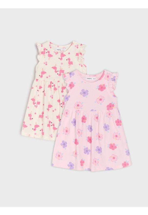 Sinsay - Bawełniane sukienki bez rękawów z ozdobnymi falbanami 2 pack - kremowy. Kolor: kremowy. Materiał: bawełna. Długość rękawa: bez rękawów