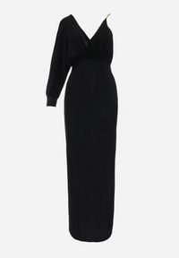 Born2be - Czarna Błyszcząca Asymetryczna Sukienka Maxi z Rozcięciem i Kopertowym Dekoltem Aknasa. Kolor: czarny. Materiał: materiał. Typ sukienki: asymetryczne, kopertowe. Długość: maxi #6