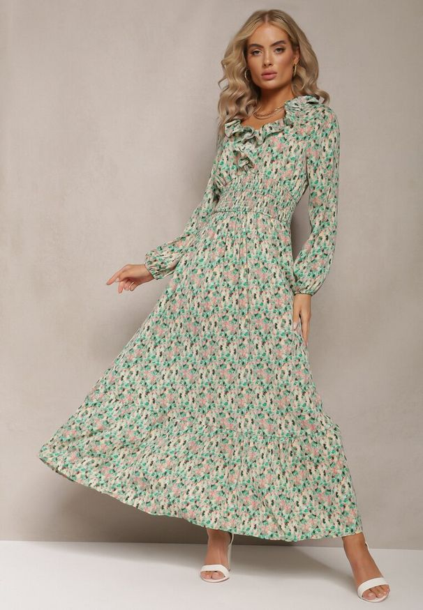 Renee - Miętowa Sukienka z Falbanką przy Dekolcie i Szeroką Gumką w Pasie Pshibih. Typ kołnierza: kołnierz z falbankami. Kolor: miętowy. Materiał: tkanina. Długość rękawa: długi rękaw. Wzór: aplikacja, kwiaty. Długość: maxi