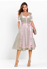 Sukienka ludowa z perełkami bonprix khaki - bladoróżowy wzorzysty. Kolor: szary. Materiał: koronka #4