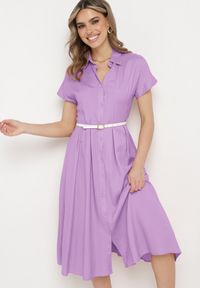 Born2be - Fioletowa Koszulowa Sukienka z Lnem i Wiskozą Ircilla. Okazja: na spacer. Kolor: fioletowy. Materiał: wiskoza, len. Długość rękawa: krótki rękaw. Typ sukienki: koszulowe #5