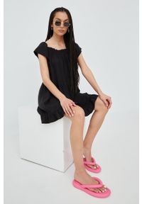 Superdry sukienka kolor czarny mini rozkloszowana. Typ kołnierza: dekolt hiszpanka. Kolor: czarny. Materiał: tkanina, materiał, wiskoza. Typ sukienki: rozkloszowane. Długość: mini #4