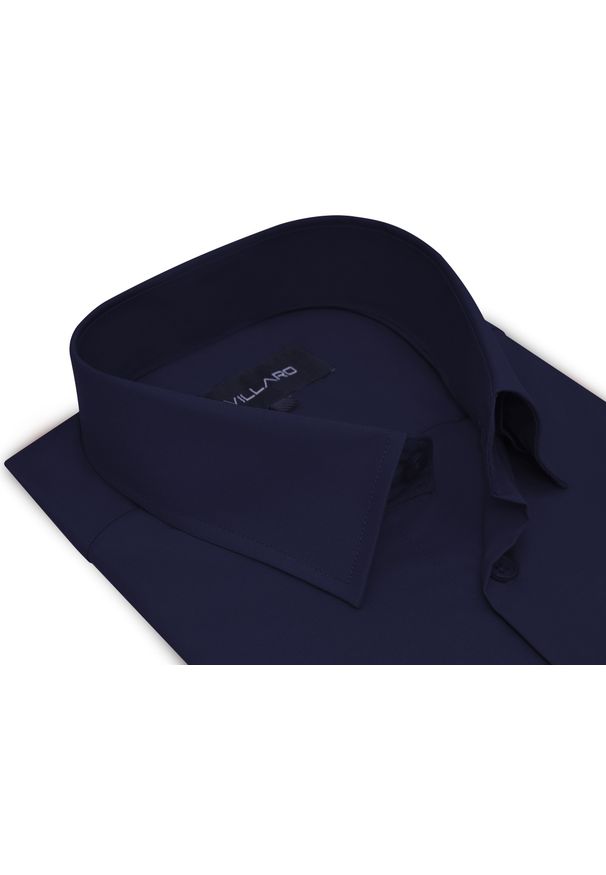Mmer / Villaro - Koszule męskie - Granatowa gładka koszula męska z długim rękawem 03L. Kolor: niebieski. Materiał: poliester, bawełna, elastan, tkanina. Długość rękawa: długi rękaw. Długość: długie. Wzór: gładki. Styl: klasyczny
