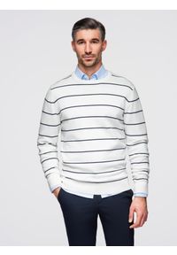 Ombre Clothing - Męski casualowy sweter w poziome paski – kremowy V2 - Rozmiar: S. Okazja: na co dzień. Kolor: kremowy. Materiał: materiał, nylon, włókno, bawełna. Wzór: paski. Styl: casual