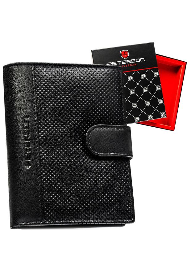 Skórzany, czarny portfel męski w orientacji pionowej zamykany zatrzaskiem - Peterson. Kolor: czarny. Materiał: skóra