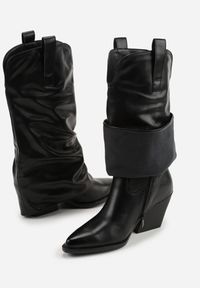 Born2be - Czarne Marszczone Kozaki Typu Kowbojki na Stożkowym Obcasie z Wywiniętą Cholewką Esvela. Okazja: na co dzień. Kolor: czarny. Materiał: jeans. Szerokość cholewki: normalna. Obcas: na obcasie. Styl: casual, elegancki. Wysokość obcasa: średni #6