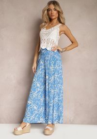 Renee - Niebieskie Spodnie Szerokie z Wiskozy High Waist w Kwiatowy Print Tepolla. Okazja: na co dzień, na plażę, na spacer. Stan: podwyższony. Kolor: niebieski. Materiał: wiskoza. Wzór: kwiaty, nadruk. Sezon: lato. Styl: casual #5