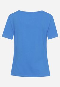 Born2be - Niebieski T-shirt z Bawełny Ozdobiony Nadrukiem i Kryształkami Halarae. Kolor: niebieski. Materiał: bawełna. Wzór: aplikacja, nadruk