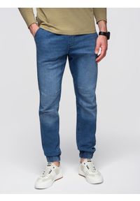 Ombre Clothing - Męskie spodnie JOGGERY jeansowe z efektem sprania - niebieskie V2 - Rozmiar: XL. Okazja: na co dzień. Kolor: niebieski. Materiał: jeans. Wzór: aplikacja. Styl: casual, elegancki