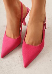 Born2be - Fuksjowe Szpilki VICES z Imitacji Zamszu z Odkrytą Piętą i Podłużną Klamrą Natterea. Okazja: na co dzień, na ślub cywilny, na wesele. Zapięcie: klamry. Kolor: różowy. Materiał: zamsz. Obcas: na szpilce. Styl: casual, elegancki, wizytowy #7