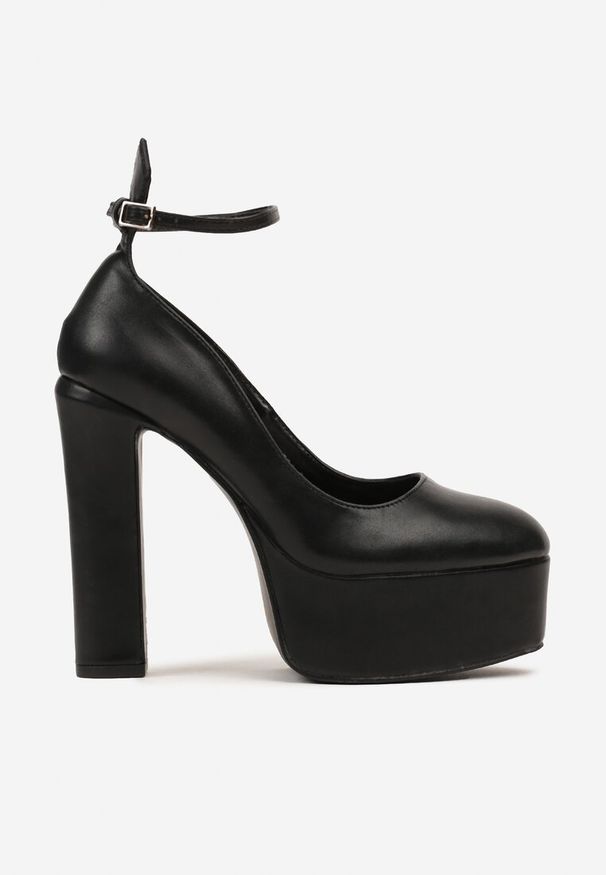 Renee - Czarne Czółenka na Słupku i Platformie w Klasycznym Stylu Zapinane Wokół Kostki Ligelia. Kolor: czarny. Materiał: jeans. Obcas: na platformie. Styl: klasyczny