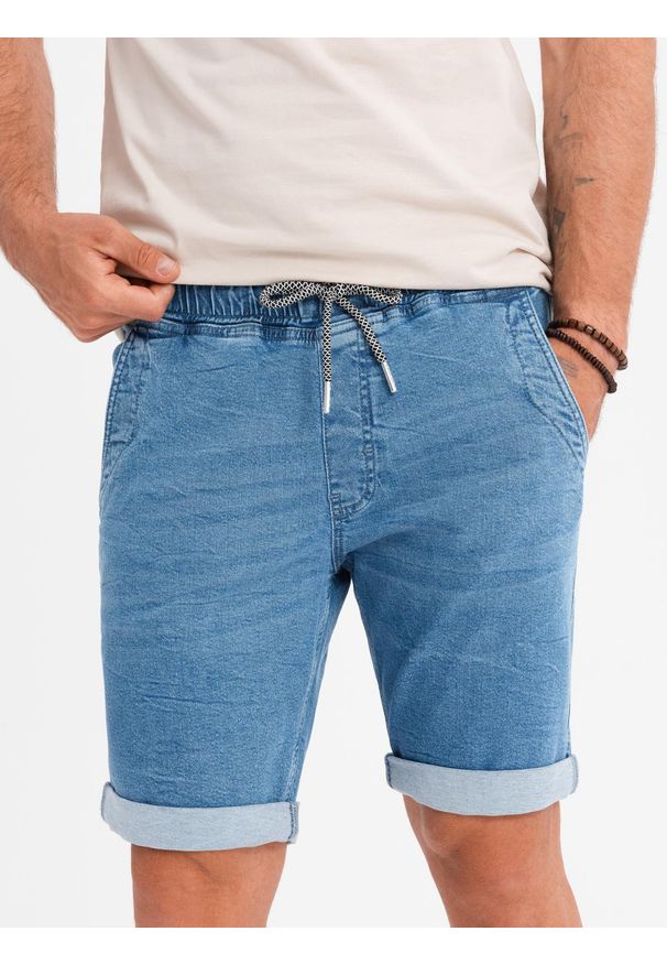 Ombre Clothing - Jeansowe szorty męskie z podwinięta nogawką - jasnoniebieskie V1 OM-SRDS-0161 - XXL. Kolor: niebieski. Materiał: jeans. Sezon: lato. Styl: klasyczny, elegancki