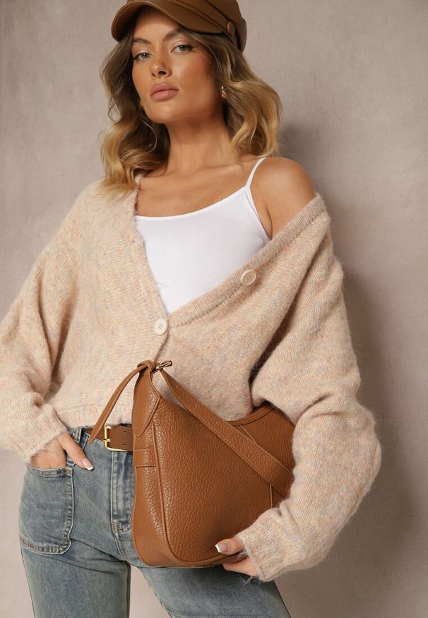Renee - Beżowy Rozpinany Kardigan z Wełną i Trójkątnym Dekoltem Riarael. Okazja: na co dzień. Kolor: beżowy. Materiał: wełna. Styl: casual