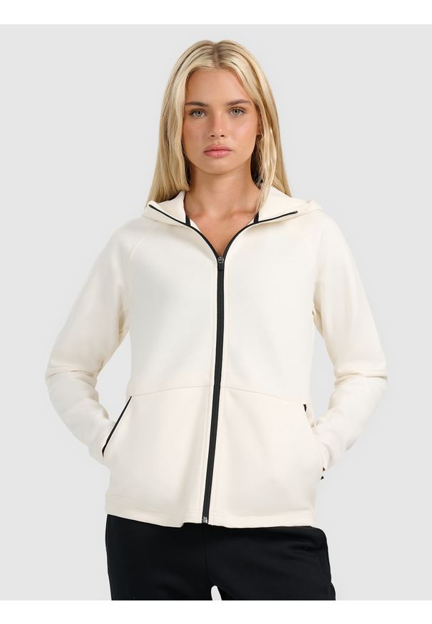4f - 4F Bluza dresowa rozpinana z kapturem damska - biała S. Okazja: do pracy, na co dzień, na spacer. Typ kołnierza: kaptur. Kolor: biały. Materiał: dresówka. Wzór: gładki. Styl: casual