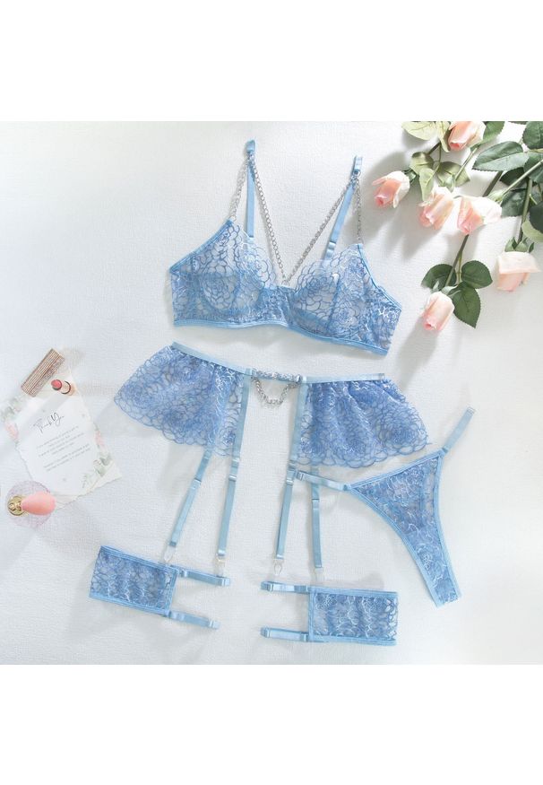 Intica - Zestaw bielizny koronkowej czteroczęściowy Margarida. Kolor: niebieski. Materiał: koronka