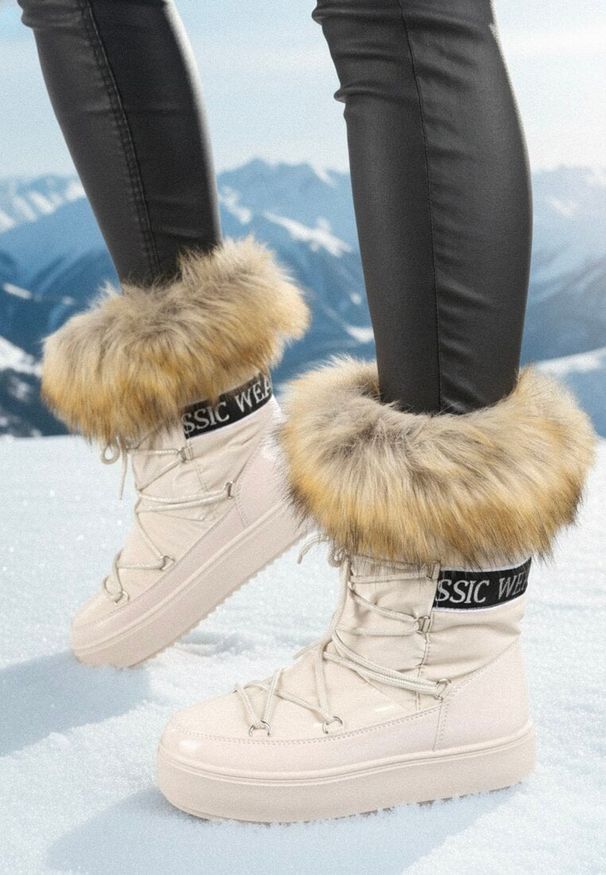 Born2be - Beżowe Śniegowce Plotia. Wysokość cholewki: za kostkę. Kolor: beżowy. Materiał: futro, materiał, lakier. Szerokość cholewki: normalna. Wzór: nadruk, aplikacja