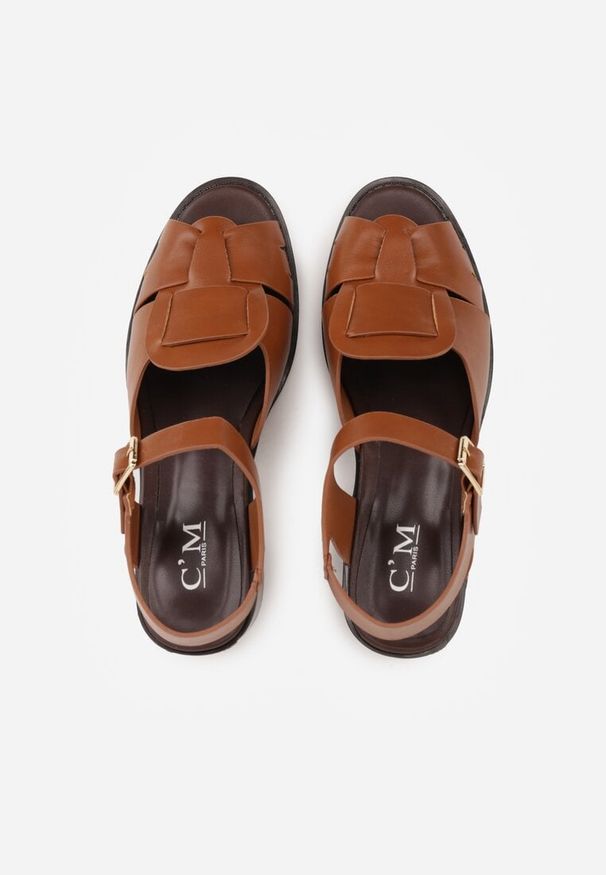 Renee - Brązowe Sandały na Słupku z Geometryczną Cholewką Aiganele. Zapięcie: sprzączka. Kolor: brązowy. Materiał: jeans. Wzór: geometria. Obcas: na słupku. Styl: klasyczny. Wysokość obcasa: średni