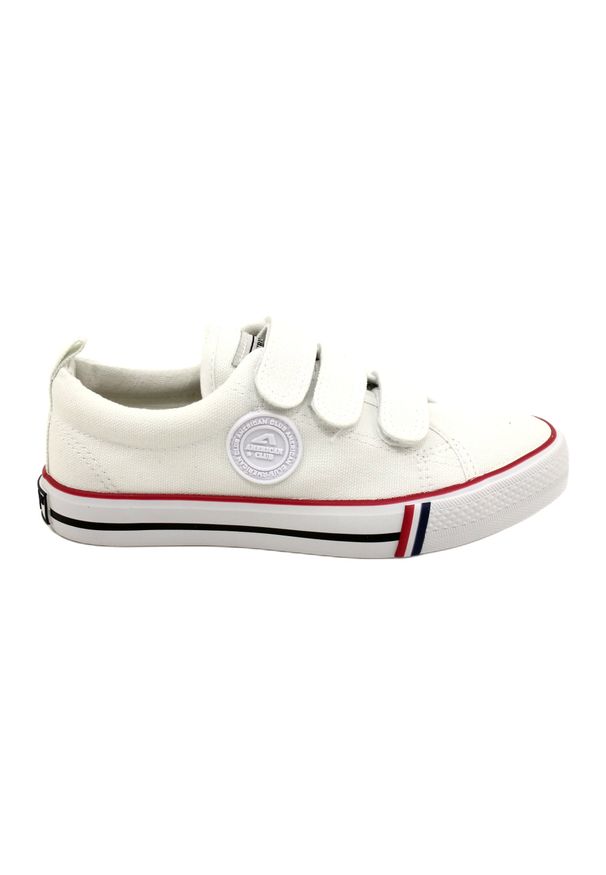 Trampki buty dziecięce na rzepy American Club LH63/22 White białe. Okazja: na uczelnię. Nosek buta: okrągły. Zapięcie: rzepy. Kolor: biały. Materiał: bawełna, materiał, guma. Wzór: aplikacja