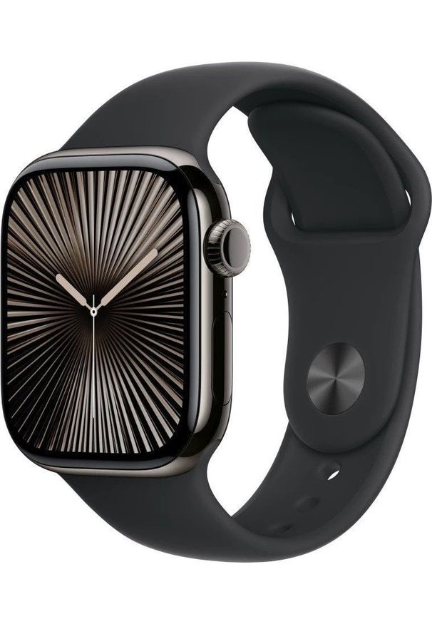 APPLE - Smartwatch Apple Watch Series 10 GPS + Cellular, koperta 42 mm z tytanu w kolorze łupkowym z paskiem sportowym w kolorze czarnym - rozmiar M/L. Rodzaj zegarka: smartwatch. Kolor: czarny. Styl: sportowy