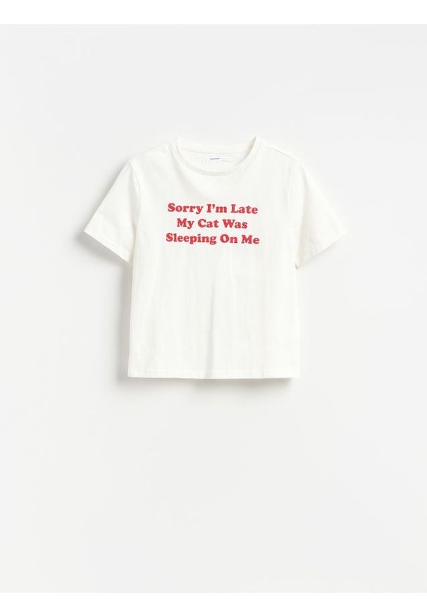 Reserved - Bawełniany t-shirt z nadrukiem - złamana biel. Materiał: bawełna. Wzór: nadruk