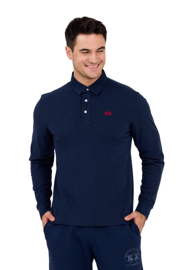 La Martina - LA MARTINA Granatowy męski longsleeve polo HEAVY JERSEY, Rozmiar XXL. Typ kołnierza: polo. Kolor: czarny. Materiał: jersey. Długość rękawa: długi rękaw