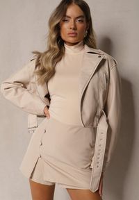 Renee - Beżowe Casualowe Spódnico-Szorty High Waist Wykończone z Boku Guzikami Marisstela. Okazja: na co dzień. Stan: podwyższony. Kolor: beżowy. Styl: casual