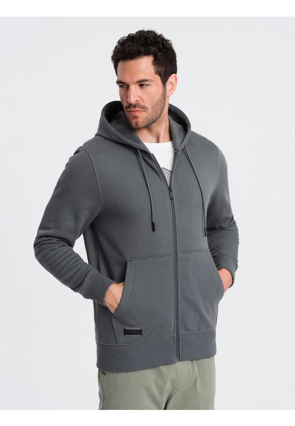 Ombre Clothing - Rozpinana męska dresowa bluza BASIC – grafitowa V11 - Rozmiar: L. Okazja: na co dzień. Typ kołnierza: kaptur. Kolor: szary. Materiał: dresówka. Styl: casual