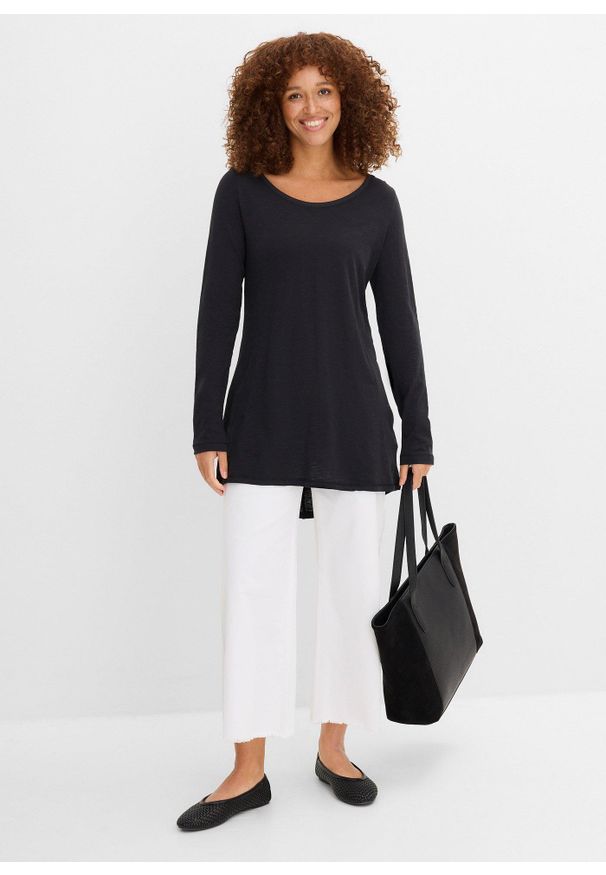 bonprix - Bawełniana bluzka z długim rękawem. Kolor: czarny. Materiał: bawełna. Długość rękawa: długi rękaw. Długość: długie