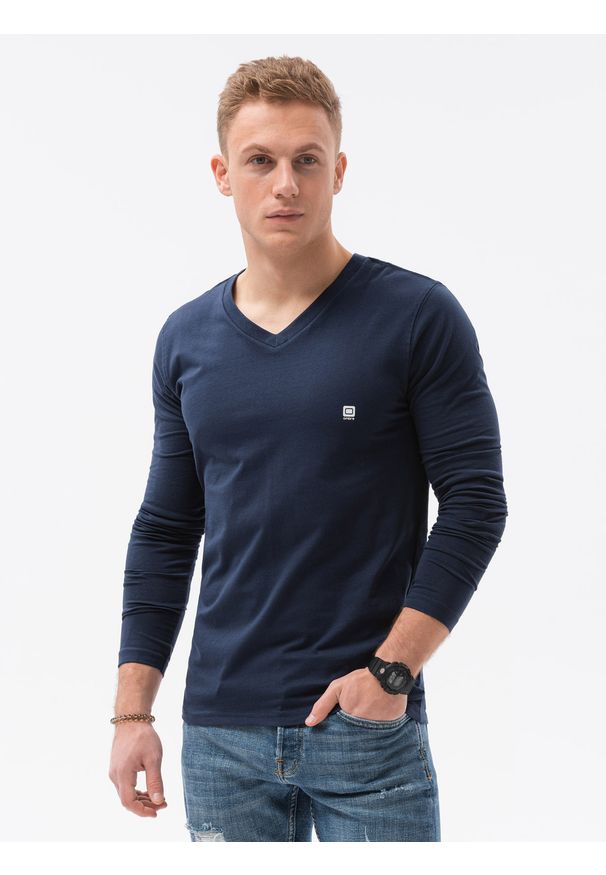 Ombre Clothing - Longsleeve męski L134 - granatowy - XXL. Kolor: niebieski. Materiał: bawełna, elastan. Długość rękawa: długi rękaw