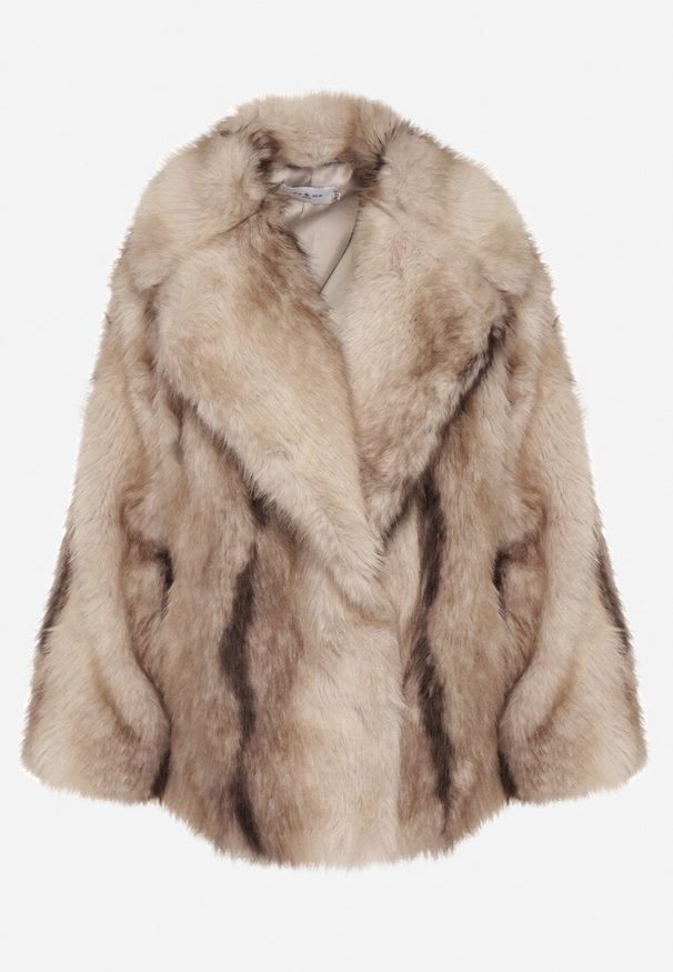 Born2be - Beżowa Kurtka Futerko z Jednorzędowym Zapięciem i Szerokim Kołnierzem Tesella. Okazja: na co dzień. Kolor: beżowy. Materiał: futro. Styl: casual, elegancki