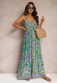Renee - Zielono-Fioletowa Rozkloszowana Sukienka z Wiskozy na Regulowanych Ramiączkach w Stylu Boho Yalfea. Kolor: zielony. Materiał: wiskoza. Długość rękawa: na ramiączkach. Sezon: lato. Styl: boho #3