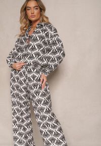 Renee - Czarny Komplet z Wiskozą Koszula i Spodnie Zdobiony Ornamentalnym Printem Elezoria. Kolor: czarny. Materiał: wiskoza. Wzór: aplikacja, nadruk