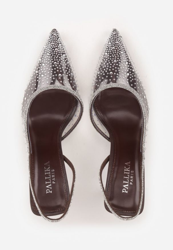 Renee - Brązowe Szpilki Slingback z Transparentną Cholewką i Cyrkoniami Liaceran. Okazja: na imprezę. Kolor: brązowy. Szerokość cholewki: normalna. Obcas: na szpilce. Styl: glamour, wizytowy
