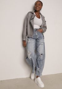 Born2be - Niebieskie Bawełniane Jeansy Balloon z Wysokim Stanem i z Prztarciami Dziurami Typhaea. Okazja: na co dzień. Stan: podwyższony. Kolor: niebieski. Styl: casual, elegancki #5