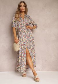Renee - Żółto-Niebieska Sukienka Koszulowa w Kwiaty Mirannie. Kolor: żółty. Długość rękawa: długi rękaw. Wzór: kwiaty. Typ sukienki: koszulowe. Styl: boho. Długość: maxi